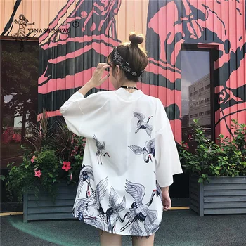 Japonský Kimonos Žeriav Yukata Haori Coats Samurai, Unisex Oblečenie Tradičné Japonsko Žena Harajuku Topy Cardigan Ázijské Kroje