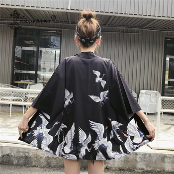 Japonský Kimonos Žeriav Yukata Haori Coats Samurai, Unisex Oblečenie Tradičné Japonsko Žena Harajuku Topy Cardigan Ázijské Kroje