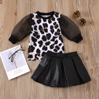 Letné Batoľa Detský Oblečenie Set Baby Dievča Oblečenie Leopard Dlhý Rukáv T Shirt PU Sukne 2pc Nové Sady Dievčatá 6M-5Y