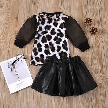 Letné Batoľa Detský Oblečenie Set Baby Dievča Oblečenie Leopard Dlhý Rukáv T Shirt PU Sukne 2pc Nové Sady Dievčatá 6M-5Y