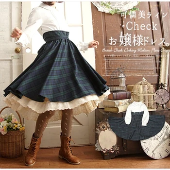 Japonsko Mori Dievča Vysoký Pás Falošné Dve Kus Patchwork Vintage Kockované Šaty