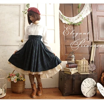 Japonsko Mori Dievča Vysoký Pás Falošné Dve Kus Patchwork Vintage Kockované Šaty