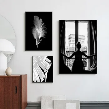 Moderné Dekoratívne Čierne A Biele Nástenné Maľby Tanec Dievča Charakter Pierko Obývacia Izba Dekorácie Plátno Na Stenu Umenie Domova