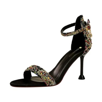 2020 lete otvorené prst luxusné nit drahokamu vykresľovanie čisté červené sandále farby zodpovedajúce slovo pracky stiletto princezná vysoké podpätky