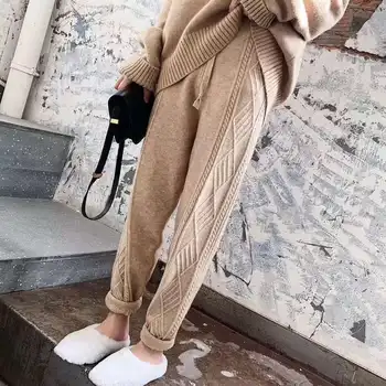 Pletenie Streetwear Jeseň Hrubé nohavice ženy nohavice Jeseň zima vysoký pás voľné elastické šnúrkou pás nohavice M256