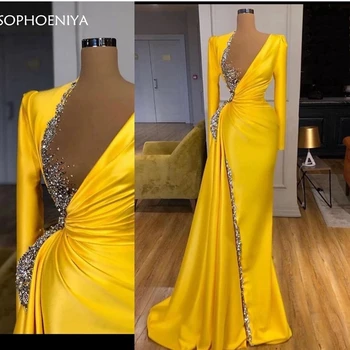 Nový Príchod Satin Žltá Dlhý rukáv večerné šaty 2021 úplnej tylu Sexy Formálne šaty žien strany noc Vestidos largos