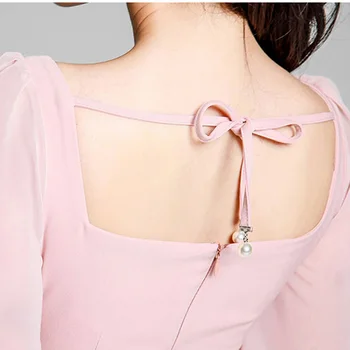 Pink Elegantné Kancelárske Šaty 2020 Jar Vysoký Pás Šifón Lístkového Rukáv Vertikálne Dekoratívne Tlačidlo Pohodlné Ceruzka Šaty Ženy
