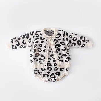 Dieťa Dievča Oblečenie Na Jeseň Leopard Pletené Detské Oblečenie Novorodenca Dievča Romper Bavlna Dieťa Cardigan Sveter Romper Jumpsuit