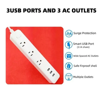 NÁS American Plug rozvodky s 3 Zásuvkami 3 Porty USB 5V 2.1 Ochrana proti Preťaženiu Hlavné Swich Rozšírenie Zásuvky Kábel, Kábel 1,8 M