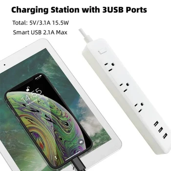 NÁS American Plug rozvodky s 3 Zásuvkami 3 Porty USB 5V 2.1 Ochrana proti Preťaženiu Hlavné Swich Rozšírenie Zásuvky Kábel, Kábel 1,8 M