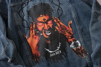 Jeseň Otvor Denim Jacket pánske Hip Hop Voľné Bombardér bunda kórejský Streetwear Písmen Tlač Ležérne Oblečenie