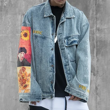Hip Hop Mužov Džínsové Bundy Harajuku Streetwear Vincent Van Gogh Maľovanie Tlač Vyšívanie Denim Jean Bunda, Kabát Umyté Bavlna