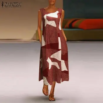 ZANZEA Elegantné Bežné Vintage Šaty Dlhé Maxi Sundress Vytlačené Pruhovaný Split Vestidos Ženy O-Neck Fashion Šaty Plus Veľkosť 5XL