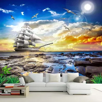 Vlastné Fotografie na Stenu Papier 3D Výhľadom na More Seagull Plachetnici Sunrise krajinomaľbou Obývacia Izba Gauč Spálňa nástennú maľbu De Parede 3D