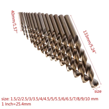 15Pcs rýchloreznej Ocele M35 HSS Kobaltu Twist Drill Bit Nastavený na 1,5-10 mm Náradie