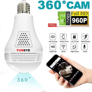 YUNSYE 360-Stupňový LED Svetlo 1080P Bezdrôtový Panorama Home Security Bezpečné WiFi CCTV rybie oko Kamery Žiarovka IP Kamera Audio Interkom