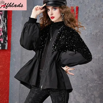 Luxusný Vysoko Kvalitný Kolo Krku Šitie Sequined Šnúrkou Zips Voľné Kabát Oblečenie pre Ženy 2020 Jesenná Bunda vrchné oblečenie