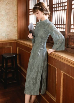 2020 nové módne oblečenie pre ženy jeseň Mandarin Golier Plný Vintage šaty, šaty pre ženy