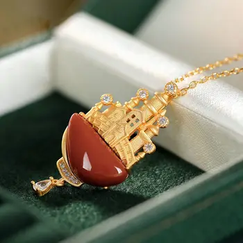 Prírodné striebro Južnej Červený Jaspis Hrad Prívesok Náhrdelník s unikátnym antické zlato plavidlá svetlo luxusné šľachtické ženy značky šperky
