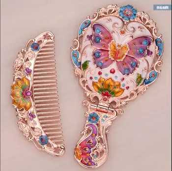 Rusko ručné malé zrkadlo s hrebeňom nastaviť Retro portable kozmetické zrkadlo Skladacie Ploche Princezná zrkadlo