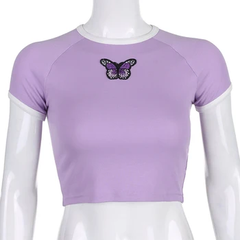 Dámske Letné tričko Jednoduché Motýľ Výšivky Vytlačené Krátky Top Rebra Krátkym Rukávom (S/M/L)