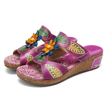 SOCOFY Ženy Ručne vyrábané Kožené Sandále Korálkové Kvetinový Nastaviteľný Popruh Pošmyknúť na Diapozitívy Klin Žena Bežné Plážové Sandále 2020