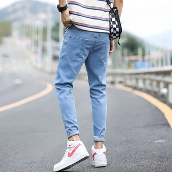 Letné deväť bodov jeans pánske otvor tenké časti slim kórejský bežné nohavice nedbalý, pekný letný nohy, nohavice trend