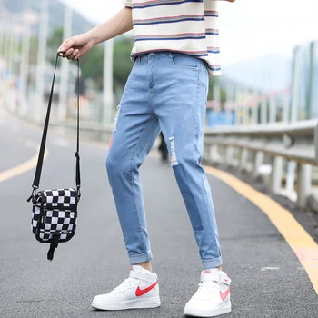 Letné deväť bodov jeans pánske otvor tenké časti slim kórejský bežné nohavice nedbalý, pekný letný nohy, nohavice trend