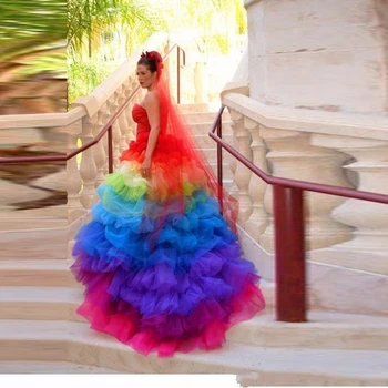 Farebné Dúhy Svadobné Šaty Milú Krku Fantázie Viazané Tylu Sukne Riadok Svadobné Šaty 2020 Jar Prispôsobiť Plus Veľkosť