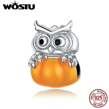 WOSTU Pumpkin & Sova Charms 925 Sterling Silver Orange Smalt Perličiek Fit Originálny Náramok Prívesok Halloween Šperky CTC342