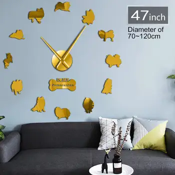 Rozkošný Pomeranian Špice Psa Tvarované 3D DIY Dizajnér Nástenné Hodiny Akryl Samolepky na Stenu S Zrkadlový Efekt Hodiny Pre Home Decor