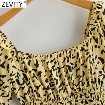 Zevity 2021 Ženy Vintage Námestie Golier Leopard Tlač Elastické Halena Blúzka Žena Lístkového Rukáv Tričko Slim Elegantné Blusas Topy LS7646