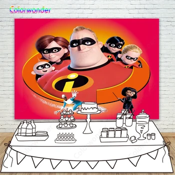 Colorwonder Superhrdina Tému Fotografia v Pozadí Cartoon Incredibles Rodiny 7x5ft Červená Vinyl Kulisu pre Dieťa Sprcha Dekor