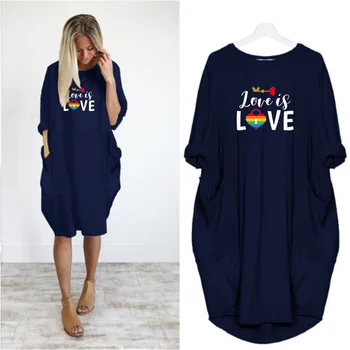 2020 Šaty Pre Ženy Rainbow Lásku Tlač Plus Veľkosť Voľné Šaty S Dlhým Rukávom O Krk S Vrecku Strany Pláži Vestidos Župan Femme