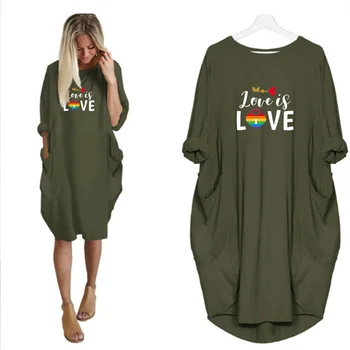 2020 Šaty Pre Ženy Rainbow Lásku Tlač Plus Veľkosť Voľné Šaty S Dlhým Rukávom O Krk S Vrecku Strany Pláži Vestidos Župan Femme