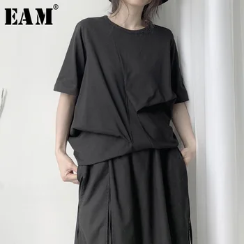 [EAM] Ženy Black Asymetrické Skladaný Veľká Veľkosť T-shirt Nové Kolo Krku Polovicu Rukáv Fashion Príliv Jar Jeseň 2021 19A-a657