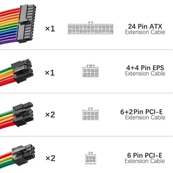 ALLOYSEED 12 palcový PC Počítač Rukávy Predĺženie Napájacieho Kábla Auta 18AWG 24Pin ATX 4+4Pin EPS 6+2Pin PCI-e 6Pin PCI-e Najnovšie