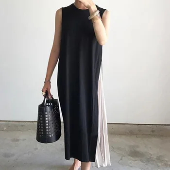 Kórea Jeden Kus Ženy Dlho Skladaný Šaty 2020 Letné Čierne Č Rukáv Patchwork Dámy Maxi Office Šaty Janpan Bežné Sundress