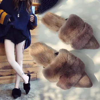 2018 zimné nové kórejská verzia králik vlasy, špicaté Baotou ploché dno semi trailer ženské módne módne nosiť papuče vlna