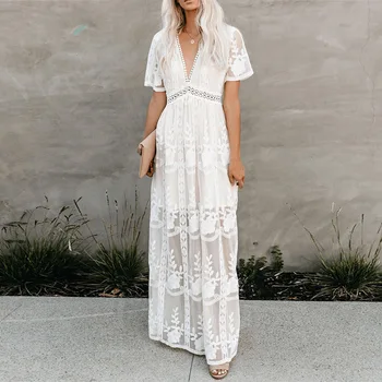 TEELYNN čipky maxi šaty žien vintage white hlboko v krku dlhé letné šaty, elegantný kvetinové výšivky župan boho pláži vestidos