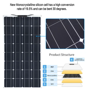 Solárny Panel 12v 100w 200W Flexibilné 12V Solárne nabíjačky batérií kompletná sada solárnych článkov pre RV Karavan, auto, loď domov fotovoltaického systému