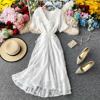2020 Nové Elegantné tvaru Summerr Šaty Wome Slim Solid farba biela Strana Princezná Šaty Žena Rozstrapatené Midi Dlhé Šaty