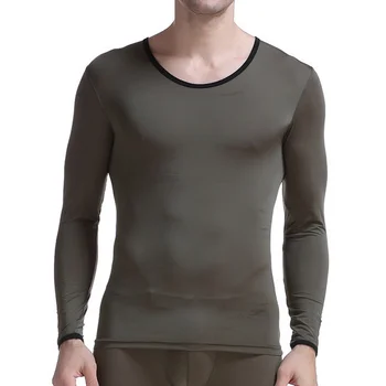 Ultra-tenké Undershirts Ice Hodváb Transparentné Dlhý Rukáv Muži T-shirts Onderhemd Heren Sexy Gay Bielizeň Topy Tee Košieľka Homme