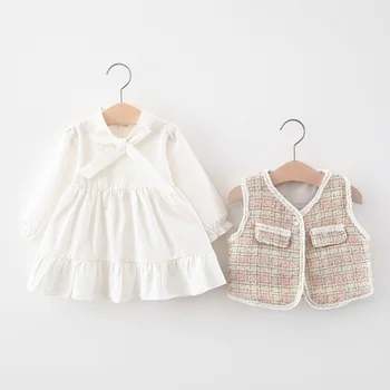 Baby Dievčatá Oblečenie Set Classic Kockované Šaty S Čipkou Vesta Dva Počítače, Deti Jar Jeseň Elegantné Obleky Dieťa Vestido