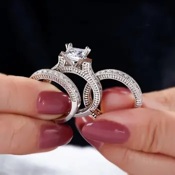 Luxusné 15ct Princess-cut Simulované Diamantové Prstene Sady 3-v-1 Ročníka Zapojenie Snubné Prstene Pre Ženy 14K Biele, zlaté Šperky