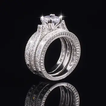 Luxusné 15ct Princess-cut Simulované Diamantové Prstene Sady 3-v-1 Ročníka Zapojenie Snubné Prstene Pre Ženy 14K Biele, zlaté Šperky