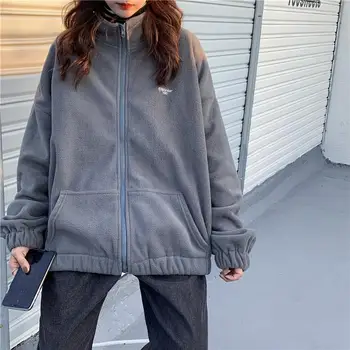 Bundy Ženy Voľné Plus Velvet Zip-Up Vrecká List Bežné Nadrozmerná Ulzzang Harajuku Denne Streetwear Dámske Trendy