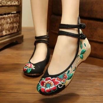 Jar Leto Size35-41 Žena Ploché Topánky Vintage Kvety Výšivky Topánky Ženy Čínske Staré Pekingu Bežné Handričkou Tanečné Topánky