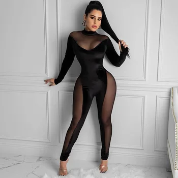 ANJAMANOR Black Velvet Oka Patchwork Dlhý Rukáv Bodycon Jumpsuit Ženy Zimné 2020 Transparentné Sexy Club Oblečenie D15-DF36