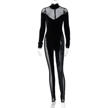 ANJAMANOR Black Velvet Oka Patchwork Dlhý Rukáv Bodycon Jumpsuit Ženy Zimné 2020 Transparentné Sexy Club Oblečenie D15-DF36